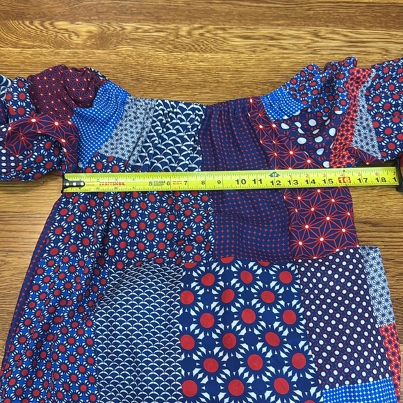 Smarteez Italy 100% Silk Patchwork Off Shoulder Red White and Blue Midi Dress 2 - Picture 10 of 11